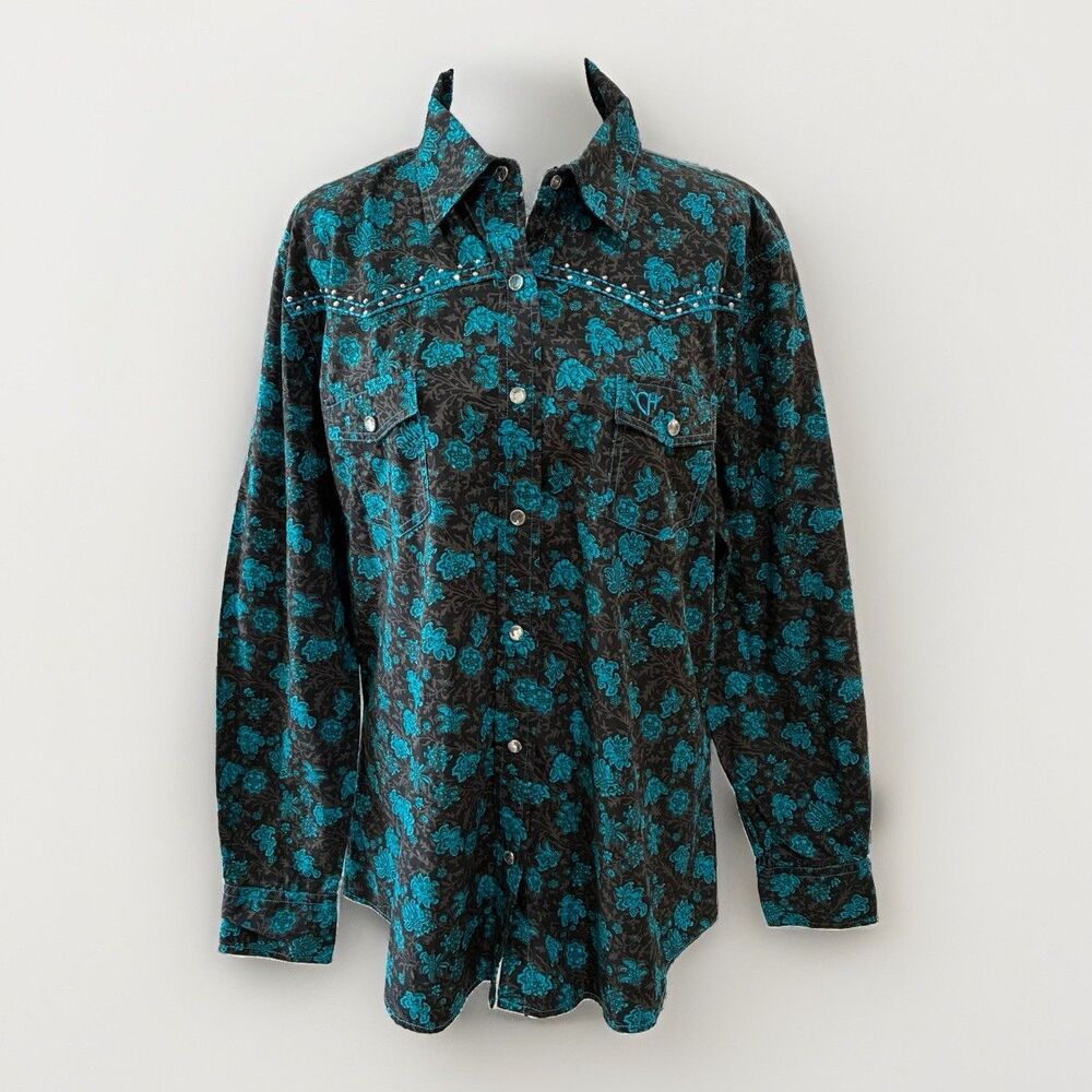 Cowgirl Hardware Shirt Top Womens L Western Snap Sequined Embroidered Turquoise